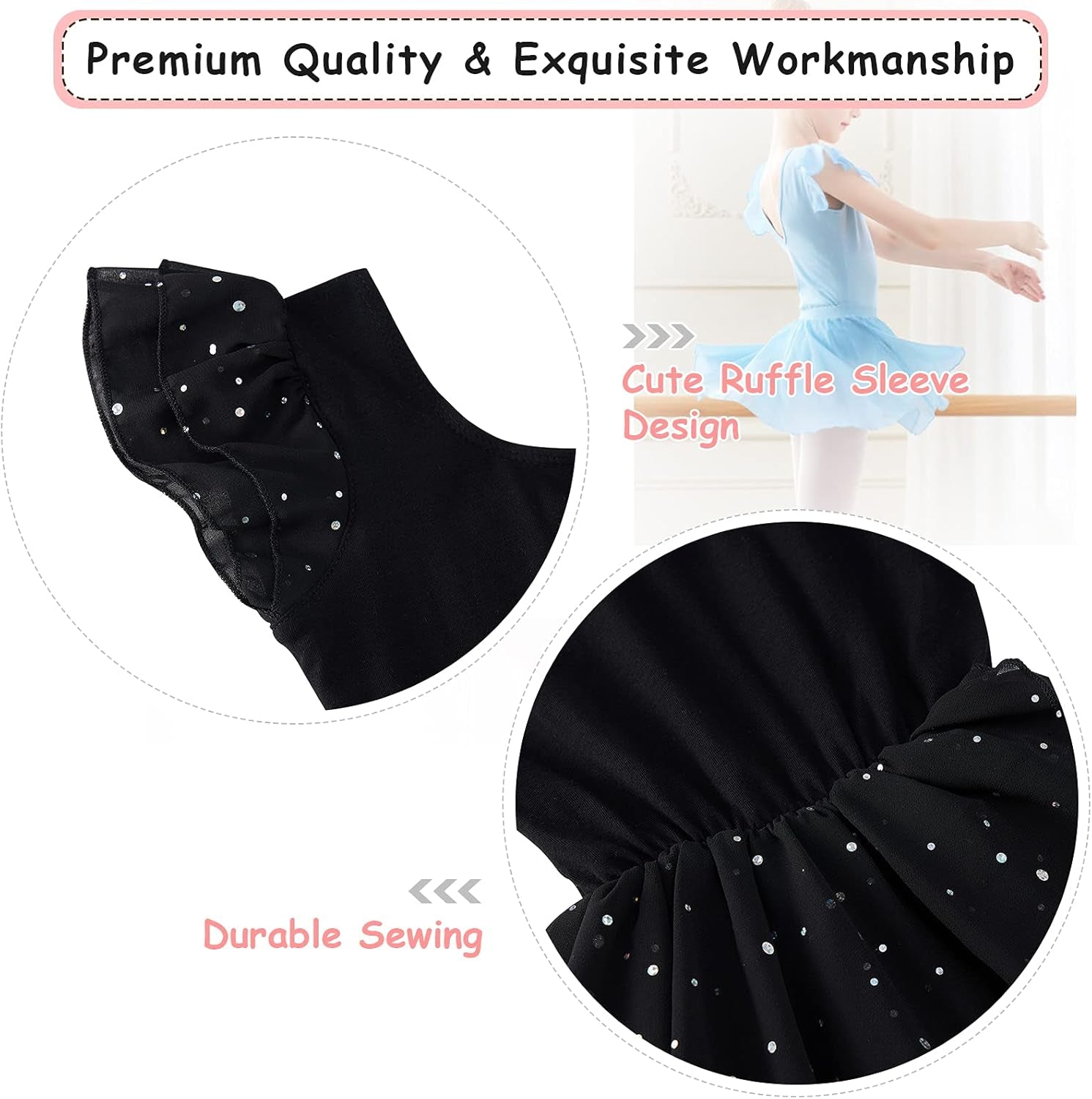 Black Dance Leotards for Toddler Girls 3T 4T Kids Ballet Dress with Tulle Skirt Baby Cute Ruffle Short Sleeve Ballerina Clothes Tap Class, 3-4 Years Old
