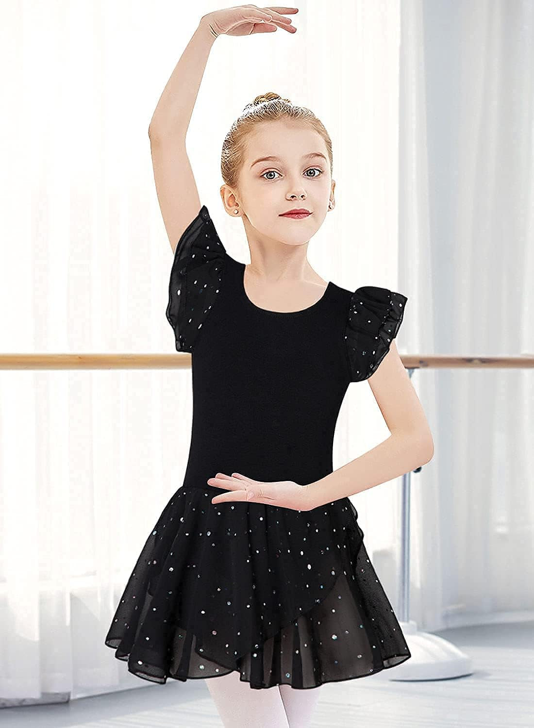 Black Dance Leotards for Toddler Girls 3T 4T Kids Ballet Dress with Tulle Skirt Baby Cute Ruffle Short Sleeve Ballerina Clothes Tap Class, 3-4 Years Old